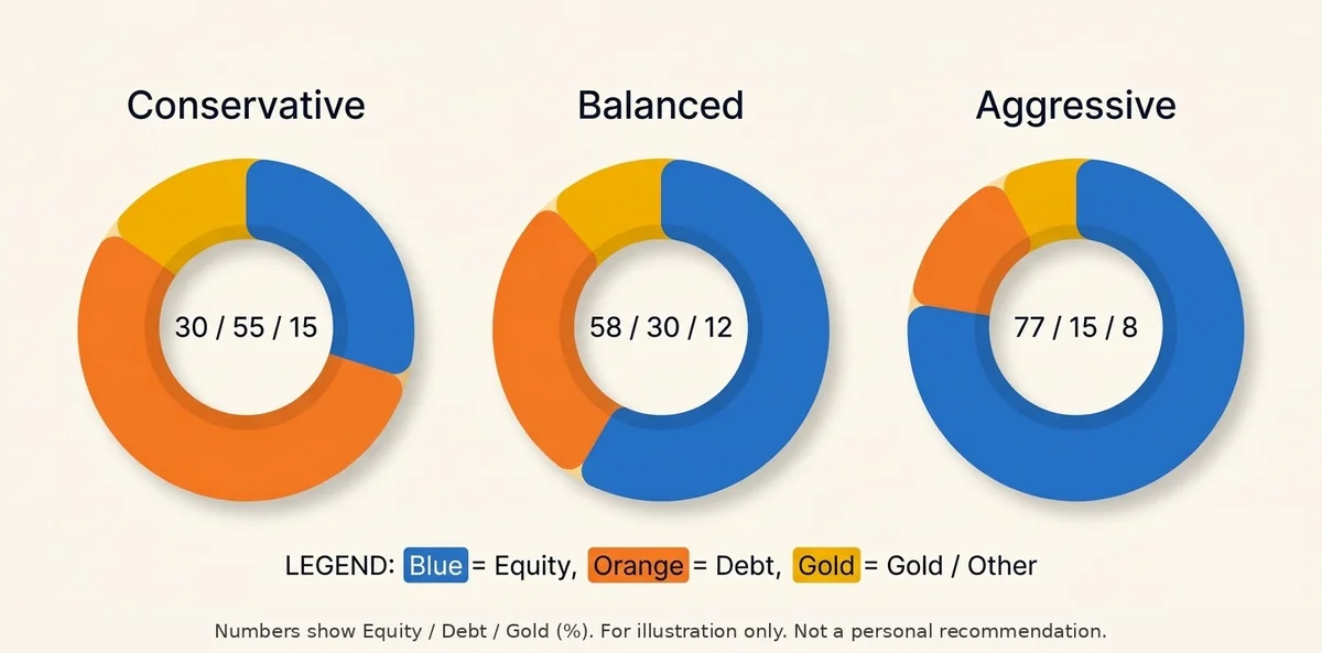 Three donut charts comparing equity, debt and gold split for conservative, balanced and aggressive portfolios