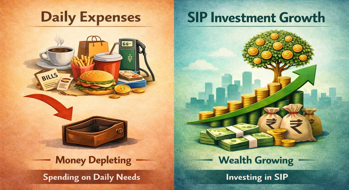"Comparison illustration of daily expenses depleting money versus SIP investment growing wealth over time"