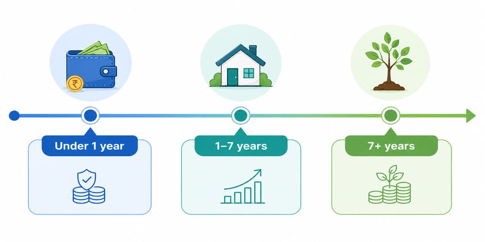 Timeline graphic showing short-term, medium-term, and long-term investment horizons in India