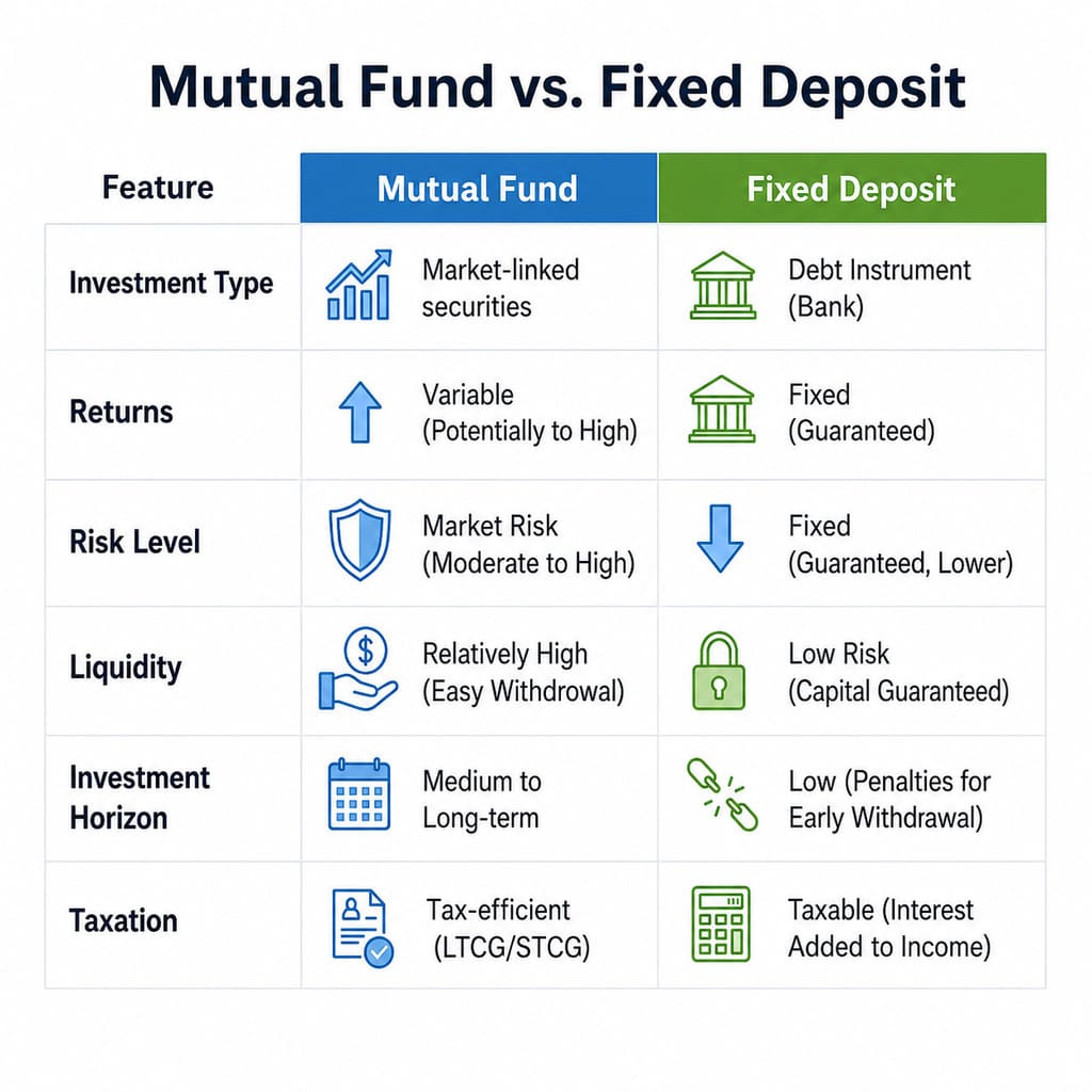 Mutual fund vs fixed deposit comparison - returns, risk, liquidity and taxation