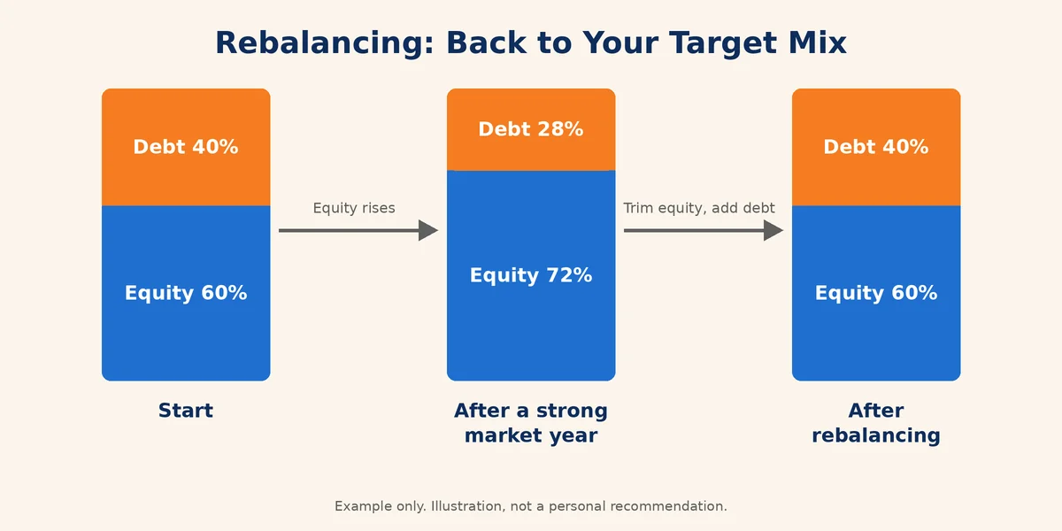 Before and after bars showing a portfolio drifting from 60/40 to 72/28 and being rebalanced back to 60/40