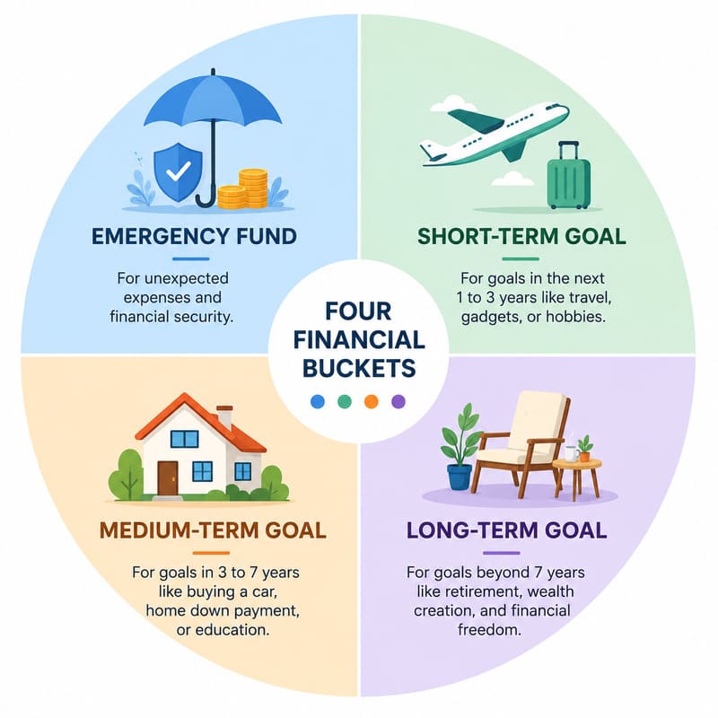 Illustration of a sample investment allocation plan across emergency fund, short-term, and long-term goals