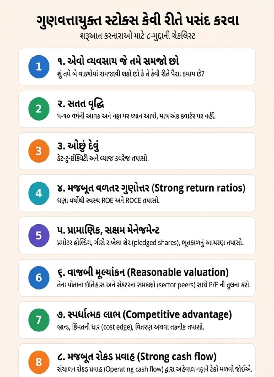 ગુણવત્તાવાળા શેર પસંદ કરવાની 8-પોઇન્ટ ચેકલિસ્ટ