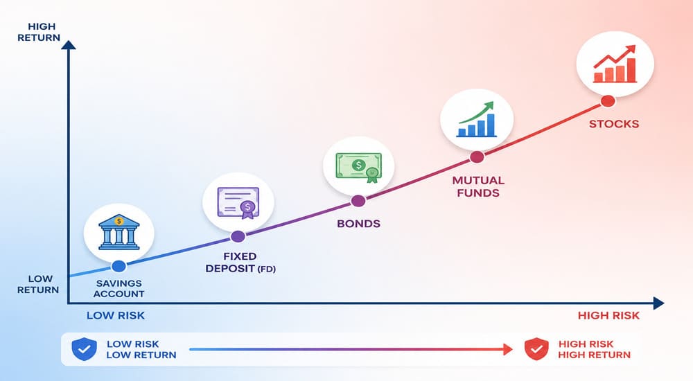 Risk and return spectrum chart comparing fixed deposits, bonds, mutual funds, and stocks