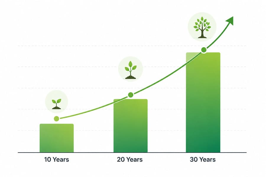 Bar chart showing SIP compounding growth of ₹5,000 monthly investment over 10, 20, and 30 years
