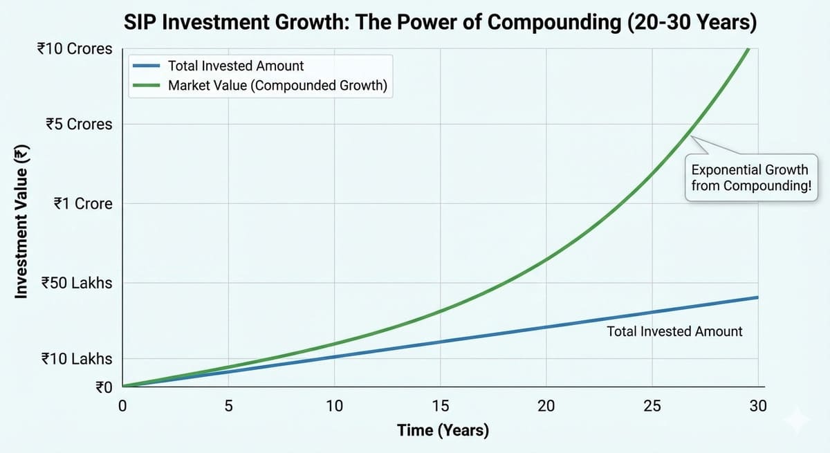 "Chart showing SIP investment growth from ₹0 to ₹10 crores over 30 years, comparing total invested amount vs compounded market value"