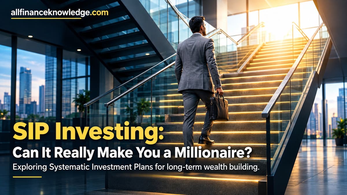 Businessman climbing illuminated stairs toward a city skyline at sunrise, symbolizing long-term SIP wealth building"