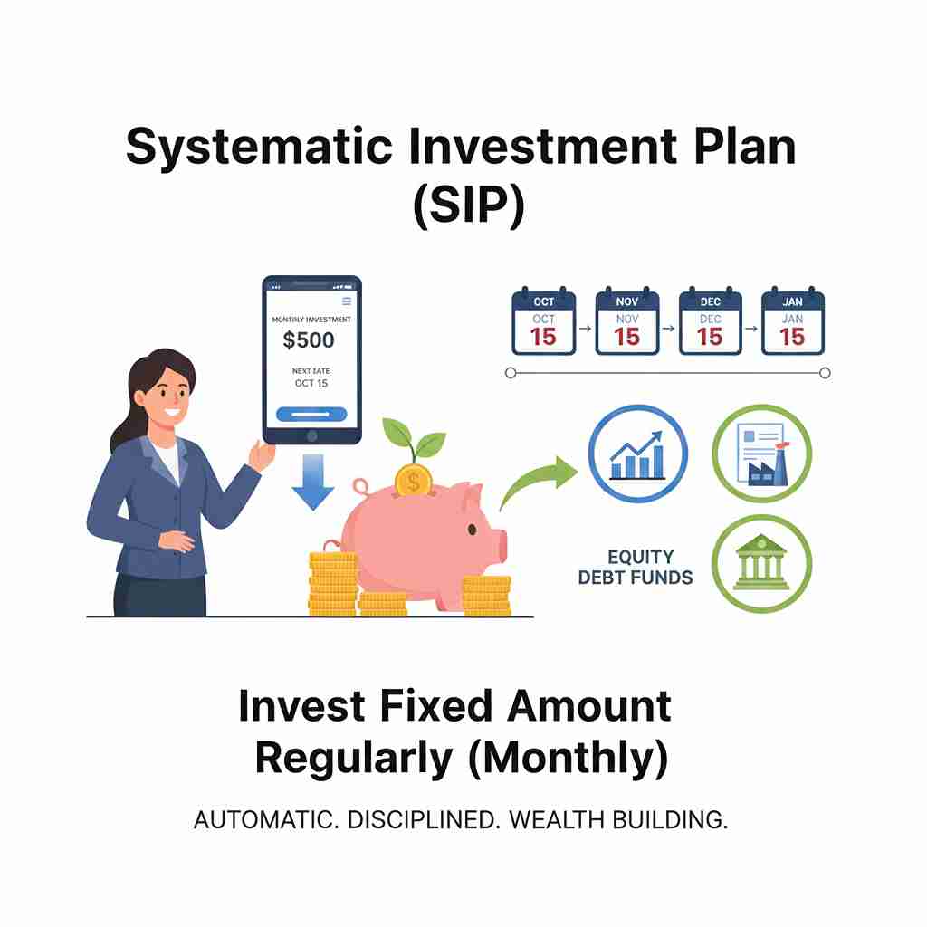 Systematic Investment Plan (SIP) - invest fixed amount monthly in mutual funds	