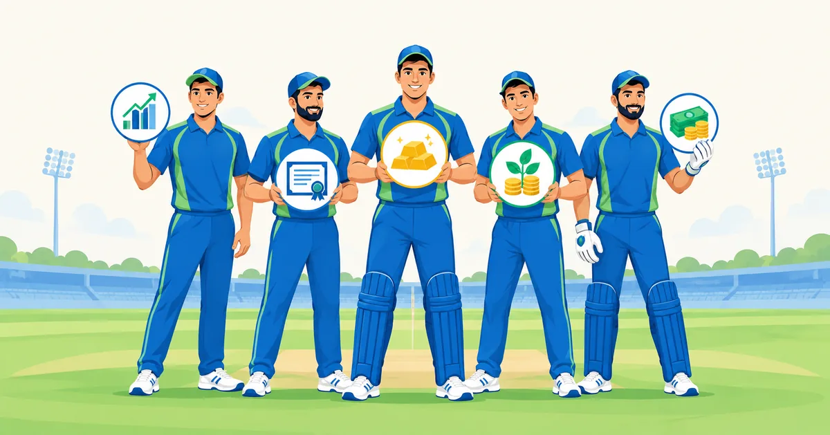 Five cricketers in blue kits each holding an investment icon, showing how different investments play different roles in a portfolio