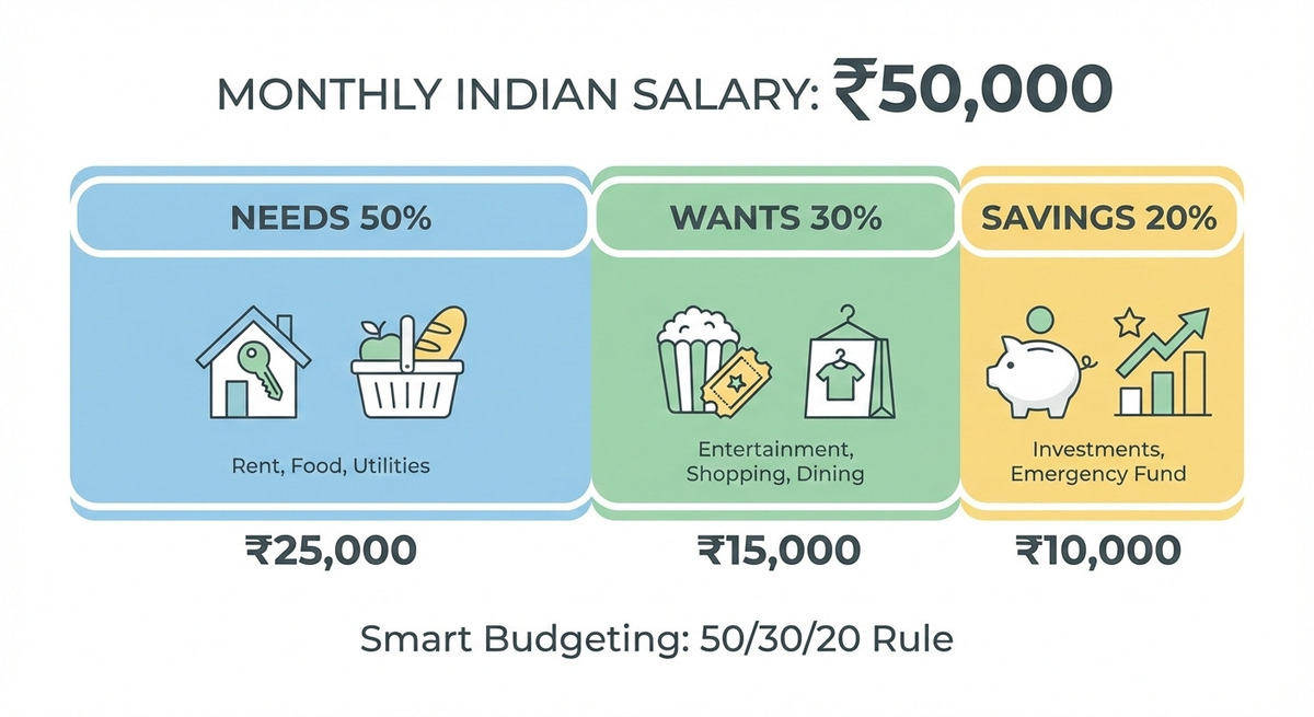Indian salary example showing 50-30-20 rule in India budgeting breakdown