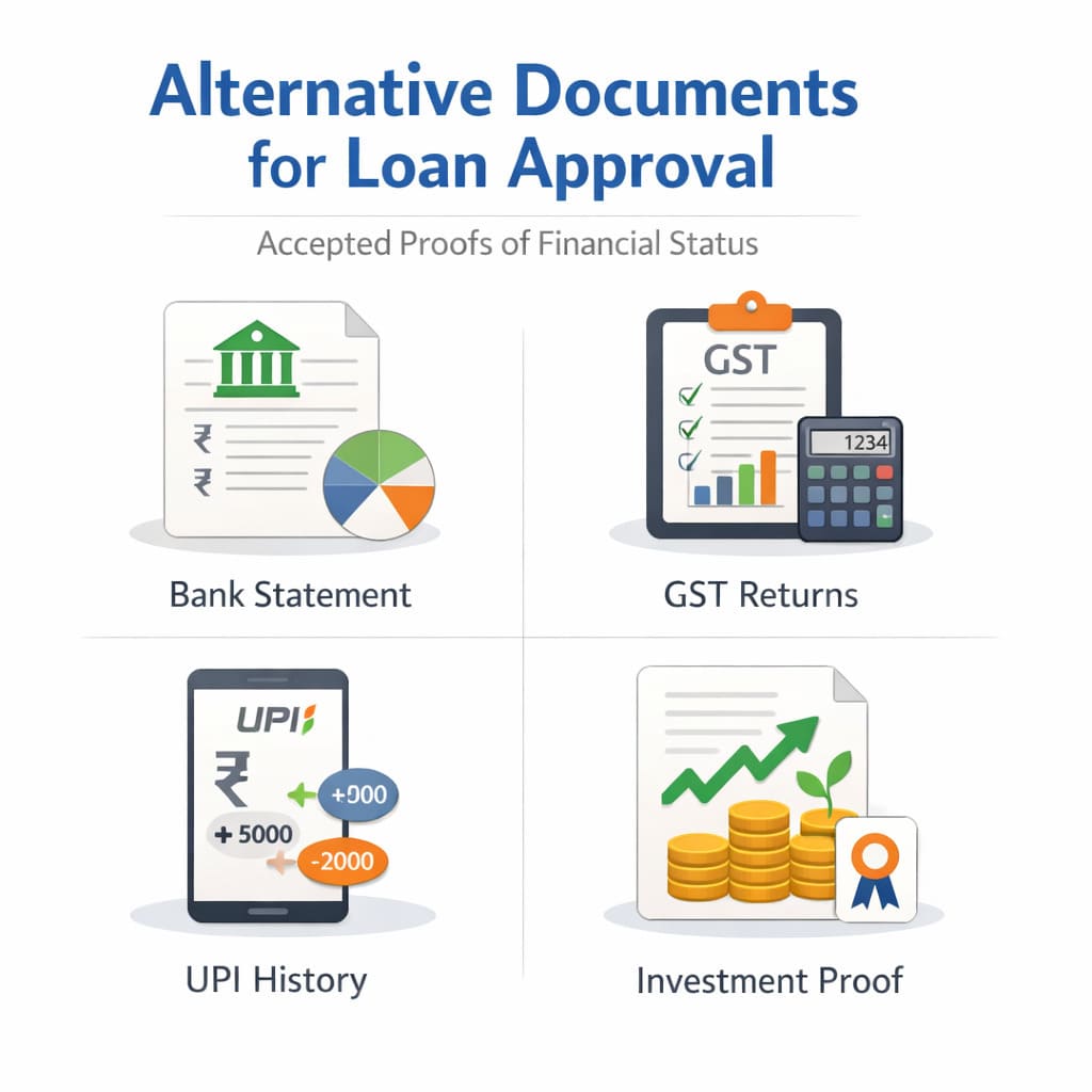 Alternative documents for a loan without income proof: bank statement, GST returns, UPI history and investment proof