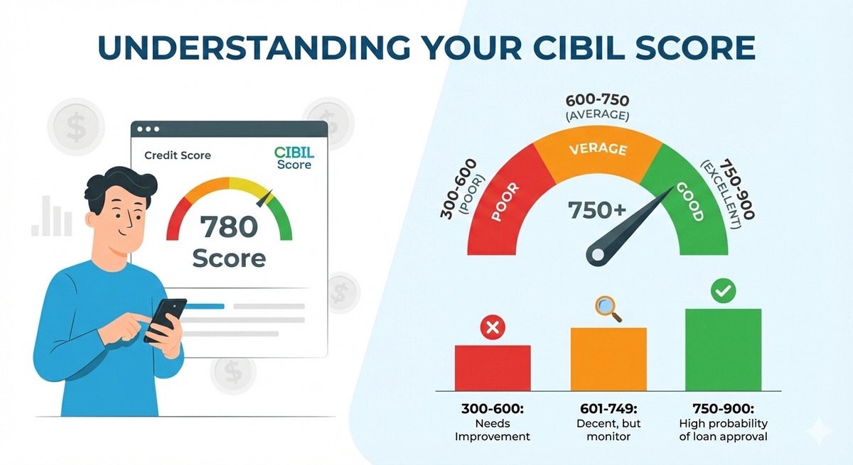 CIBIL score explained with credit score range gauge showing 780 score
