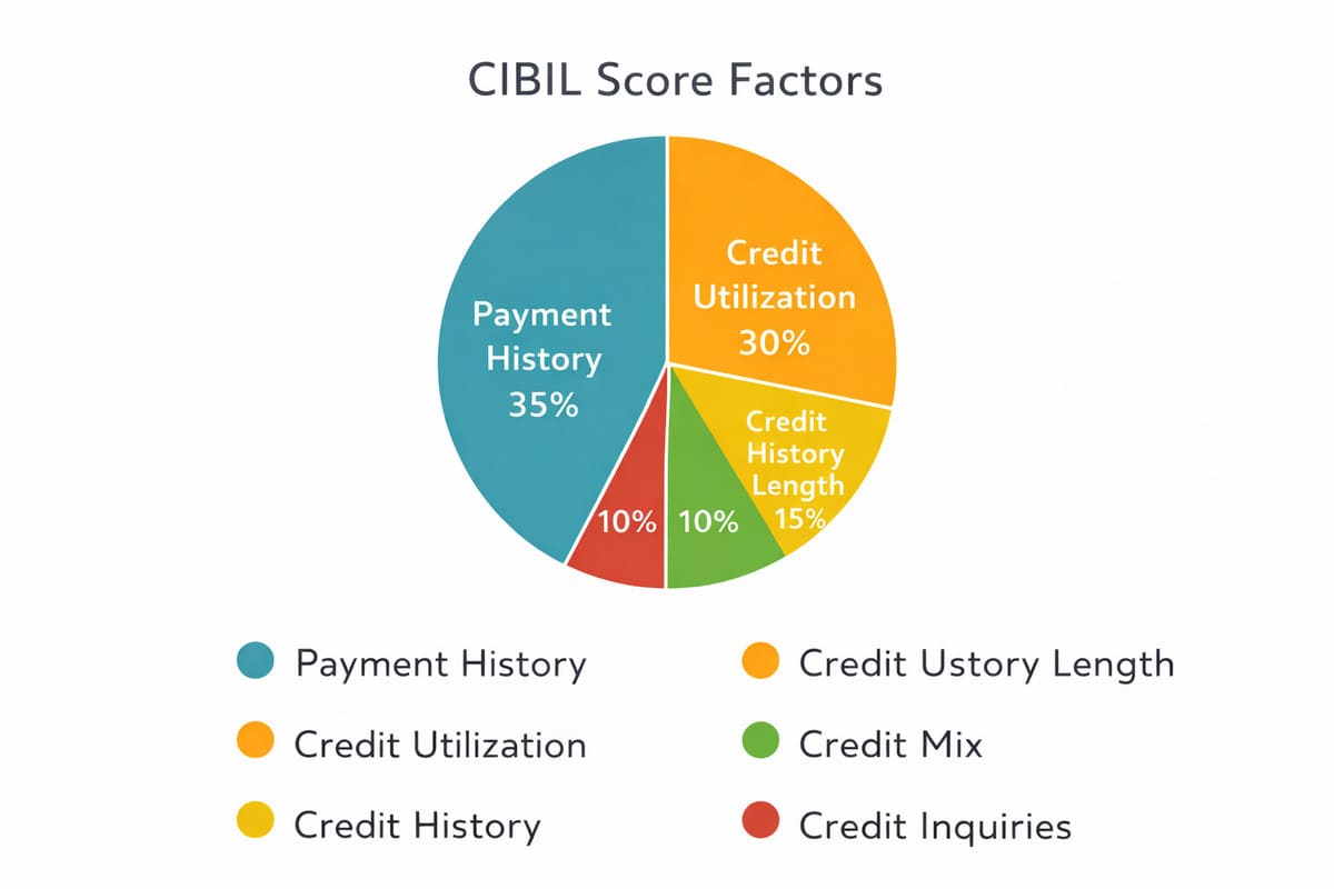 CIBIL score factors breakdown chart — payment history 35%, utilisation 30%

