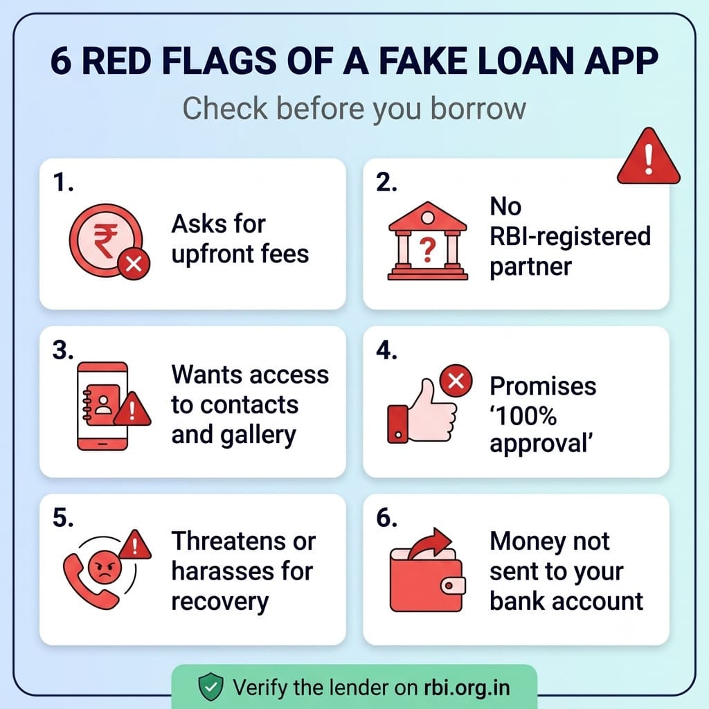 Checklist of six red flags of a fake loan app in India, including upfront fees and access to contacts