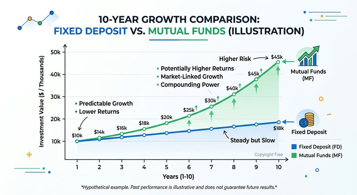 FD vs mutual fund 10 year growth comparison chart