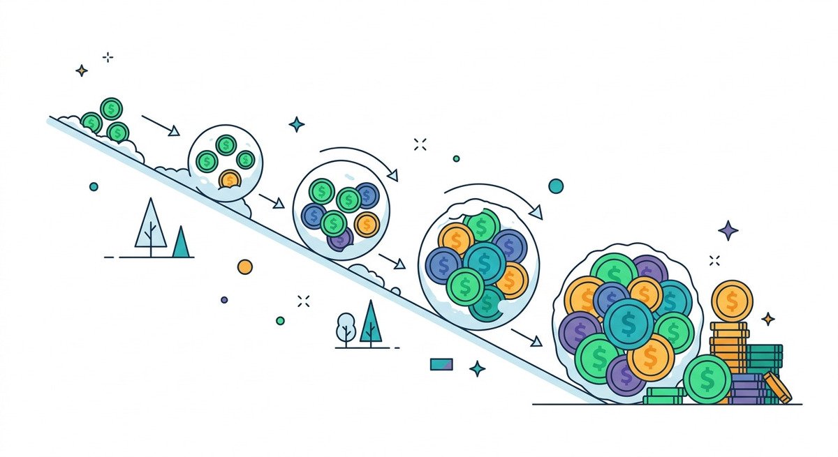 "Snowball effect illustration showing how compounding builds wealth over time"