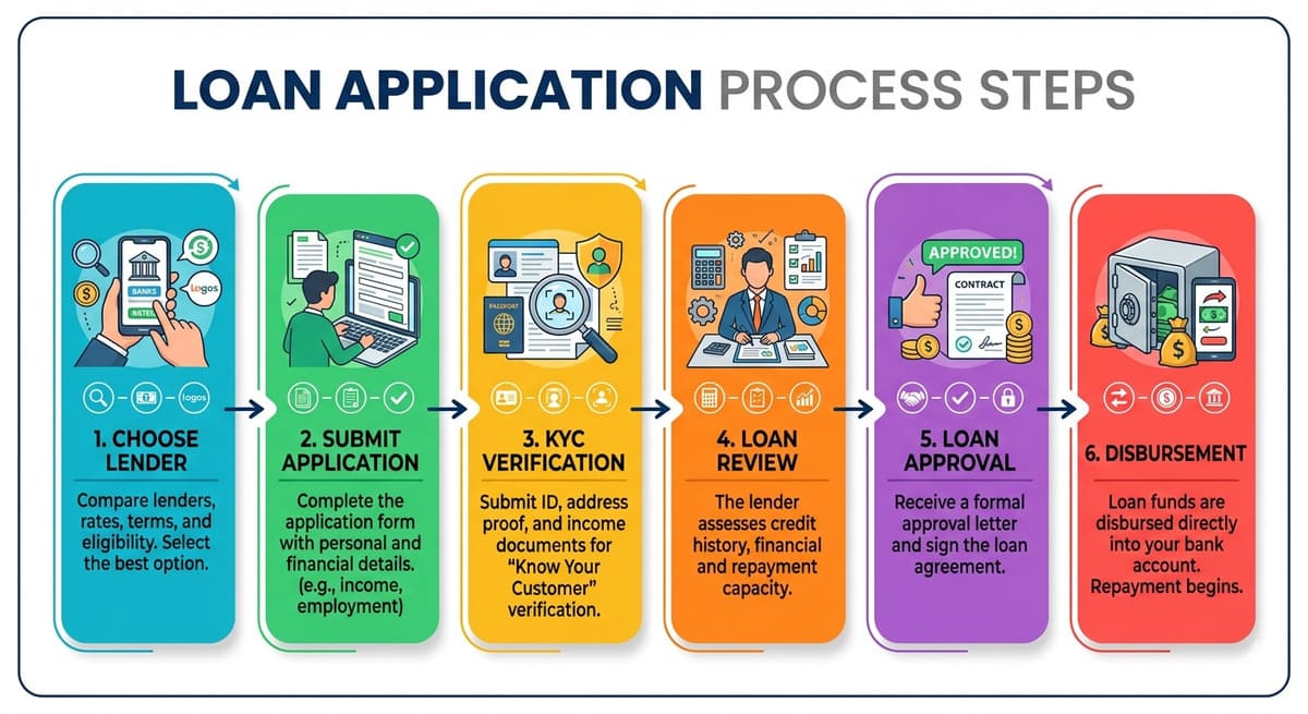 Loan application process in India in six steps: choose lender, apply, KYC, review, approval and disbursement