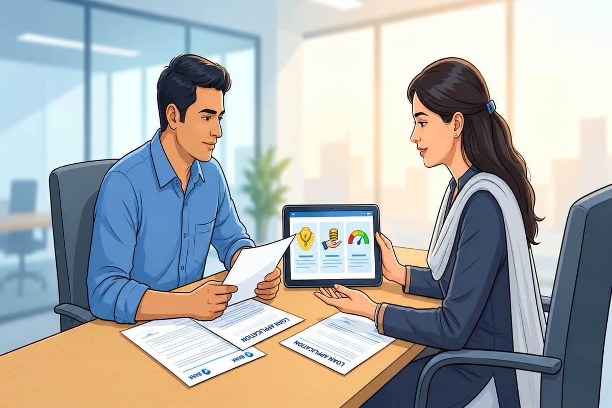 Indian borrower and bank advisor discussing loan options without income proof, including gold loan, FD loan and credit score