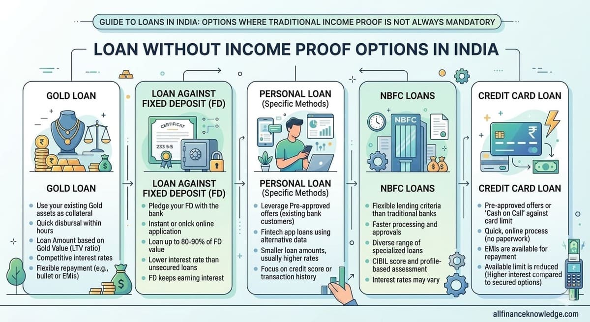Infographic of loan options in India without income proof: gold, FD, personal, NBFC and credit card loans