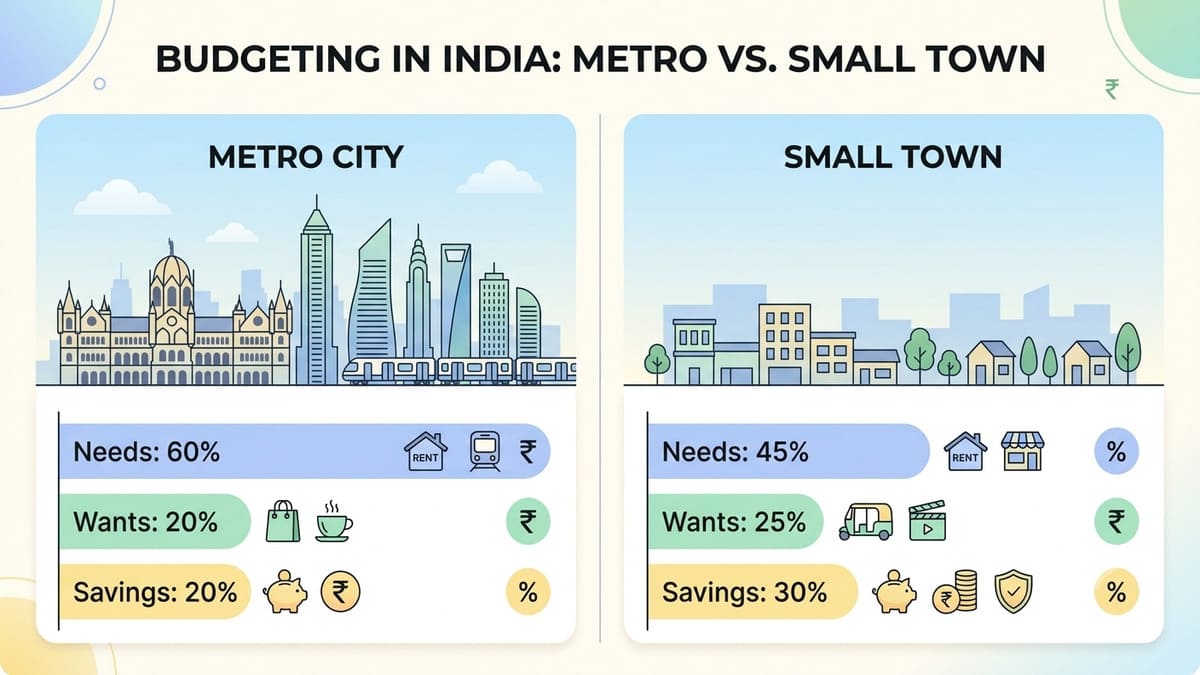 Metro city vs small town budgeting comparison using the 50-30-20 rule in India