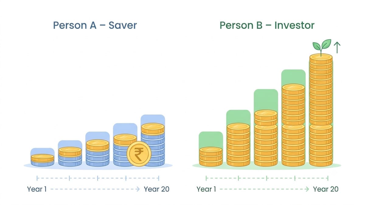 Bar chart comparing wealth growth of a saver versus an investor over 20 years