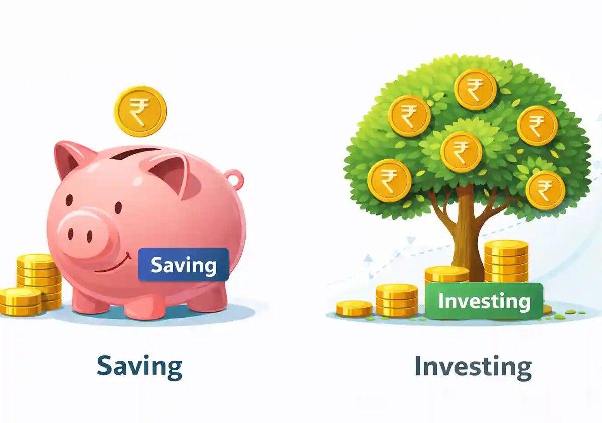 Saving vs investing comparison showing a piggy bank and a growing money tree