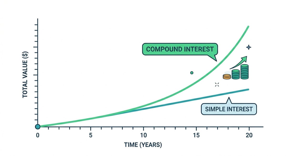 "Graph comparing simple interest vs compound interest growth over 20 years"	
