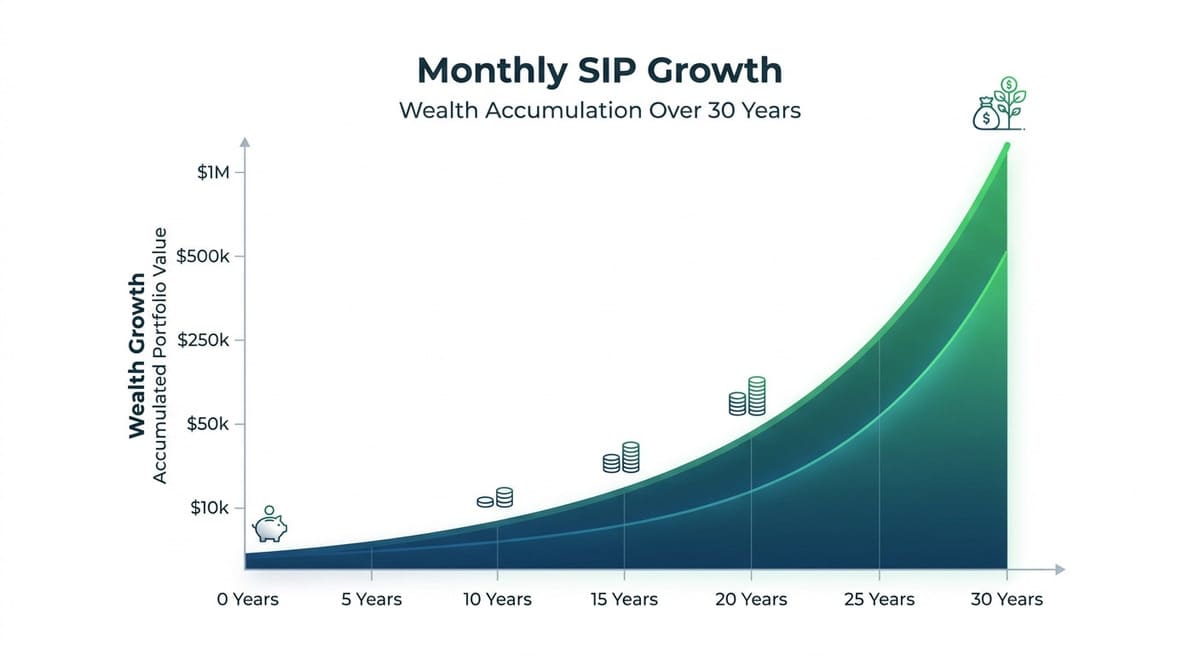 Monthly SIP growth chart showing wealth accumulation over 30 years"