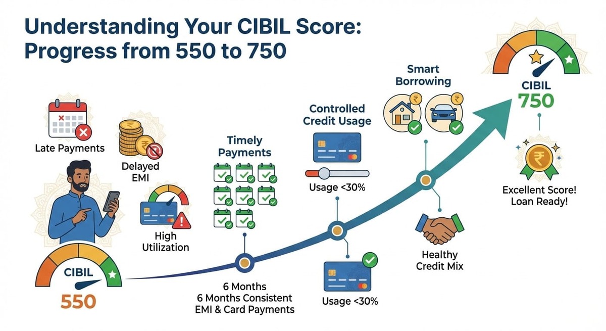 How to improve CIBIL score from 550 to 750 step by step