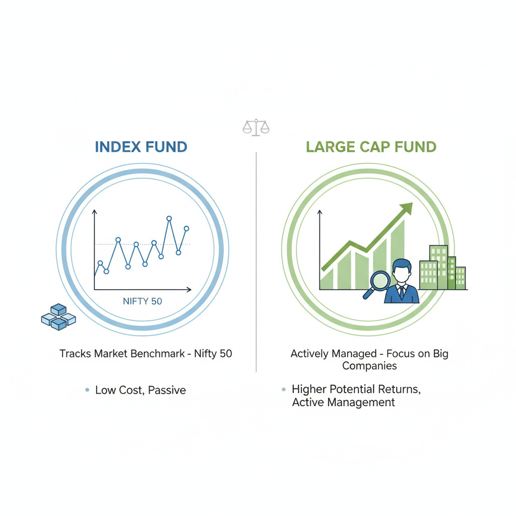Index Fund vs Large Cap Fund comparison showing safety and investment differences