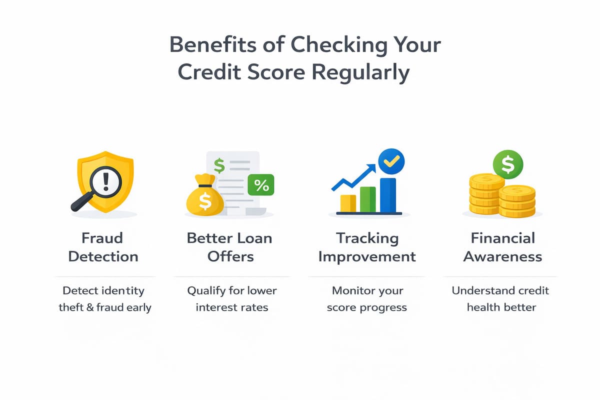 Benefits of checking your credit score regularly — fraud detection, better loan offers, tracking improvement, financial awareness