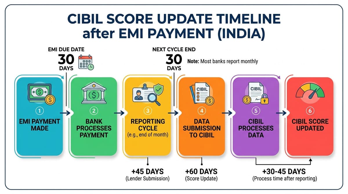 CIBIL score update timeline after EMI payment in India — from payment to bank processing to CIBIL reporting cycle