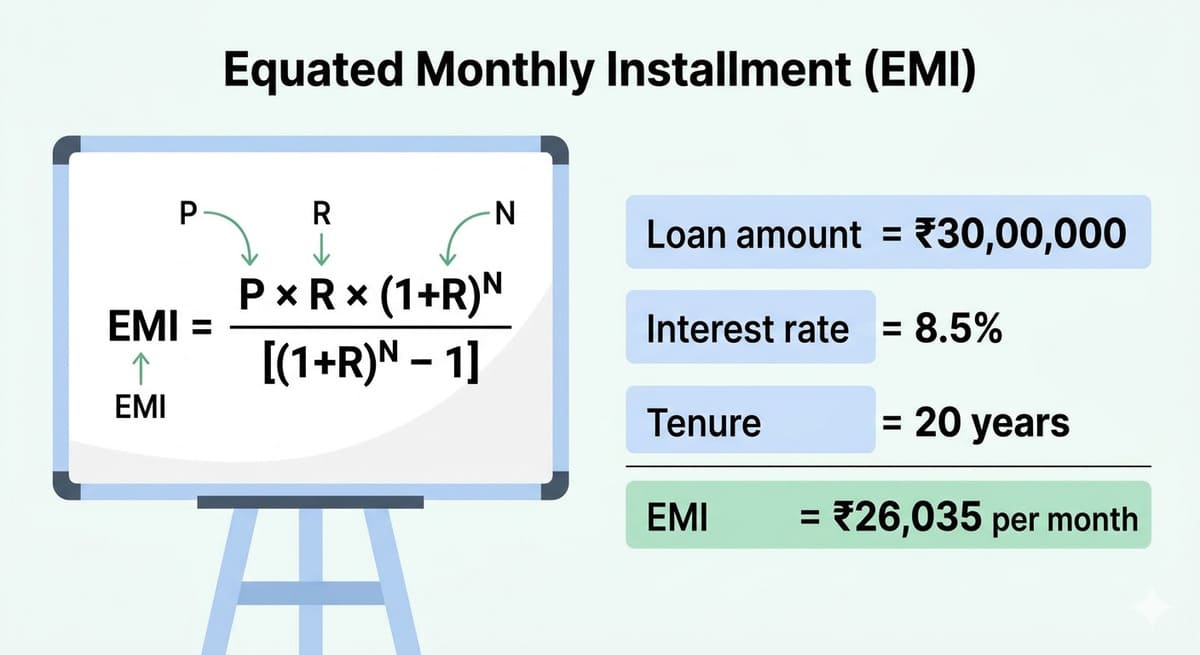 Home loan EMI calculation example showing formula and monthly payment of ₹26,035 for ₹30 lakh loan at 8.5% for 20 years