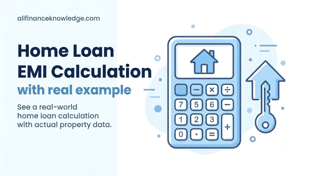 Home loan EMI calculation guide featured image showing a calculator with house icon and key illustration