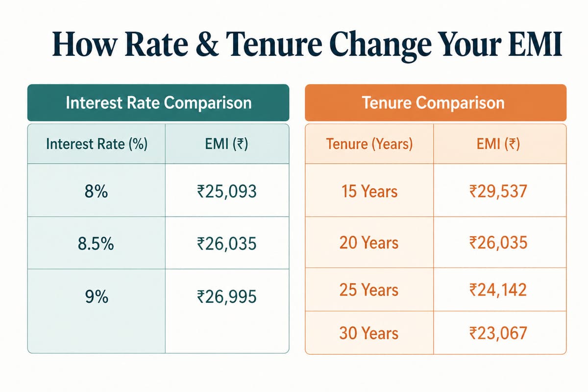 Comparison chart showing how interest rate and tenure affect home loan EMI and total interest for a ₹30 lakh loan