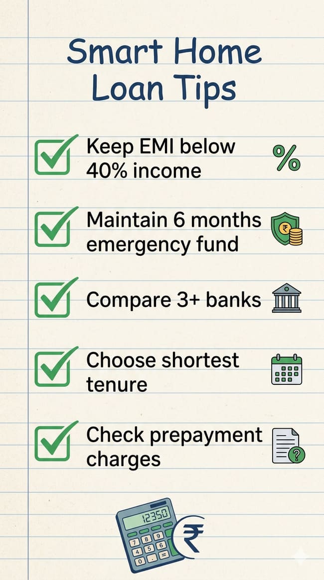 Smart tips checklist for home loan borrowers including EMI below 40% income, emergency fund, compare banks, and prepayment benefits