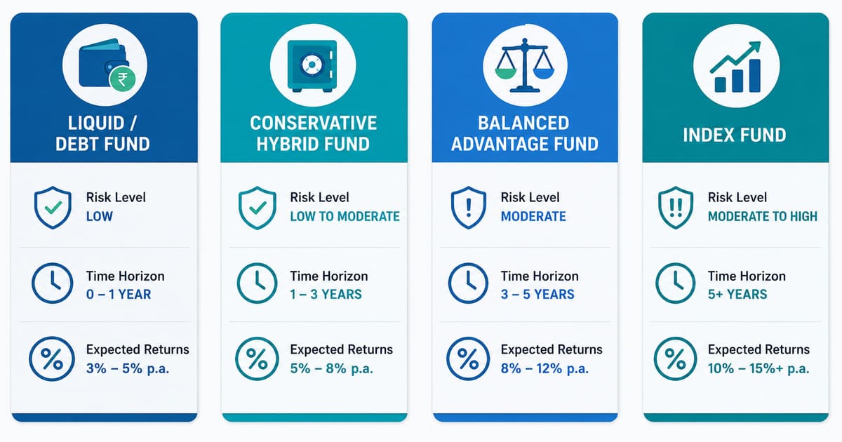 Comparison of debt, hybrid, balanced advantage, and index funds by risk level and return