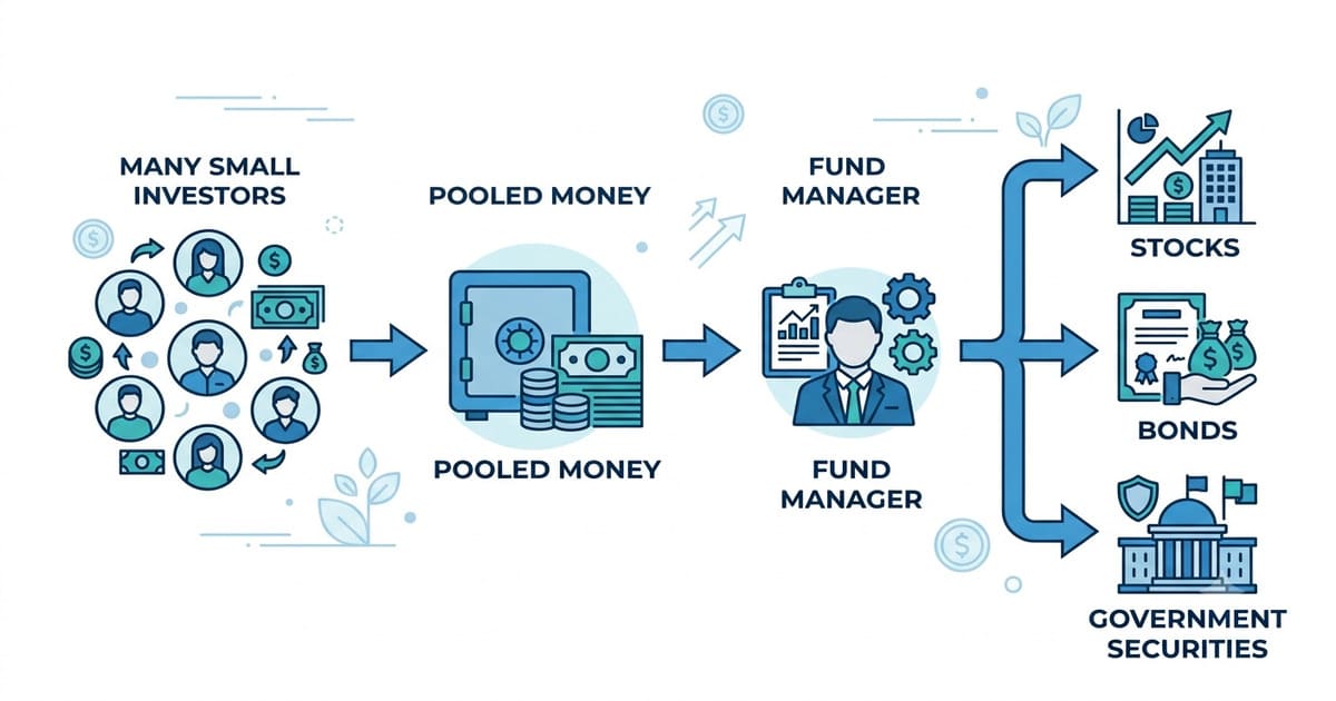 Diagram showing how a mutual fund pools money from investors and invests it through a fund manager