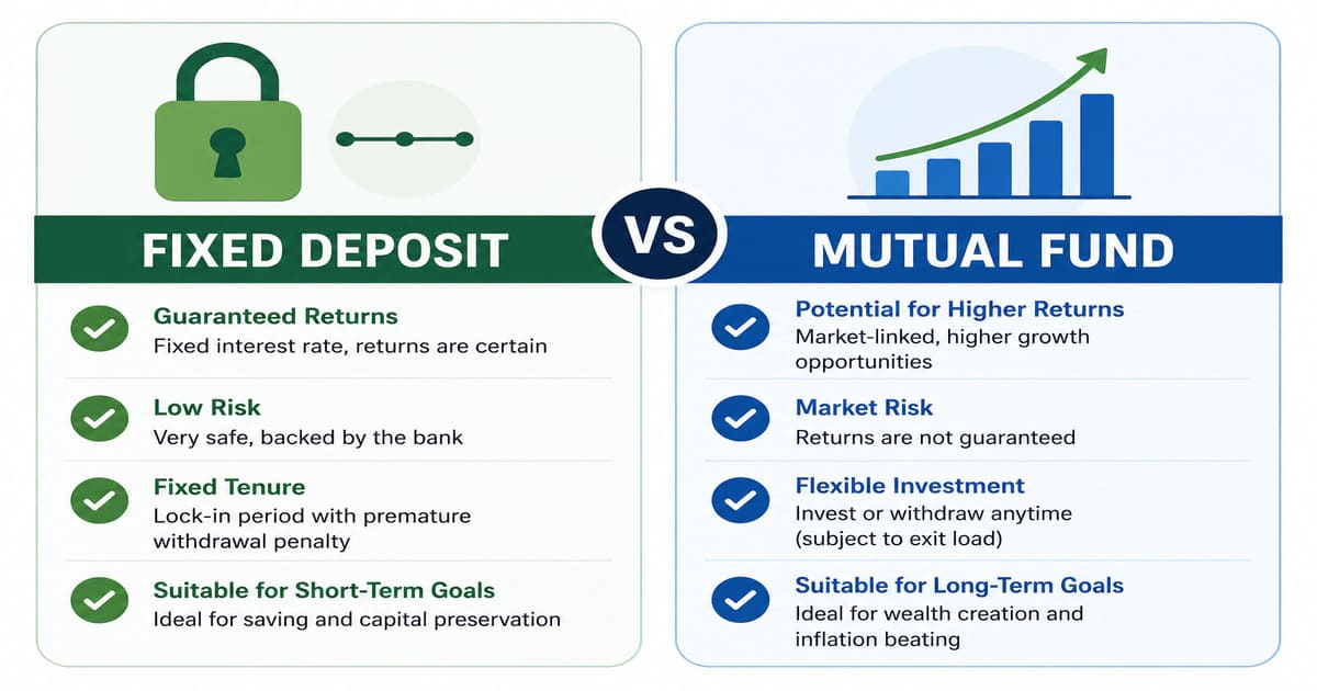 Side-by-side comparison of fixed deposits and mutual funds for beginners