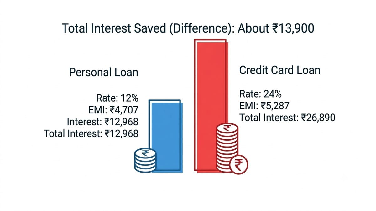 Bar chart comparing total interest on a ₹1,00,000 personal loan at 12% and a credit card loan at 24%