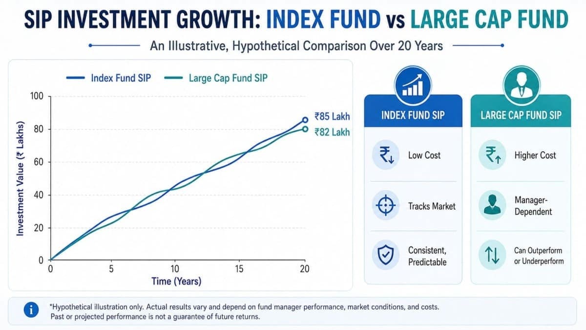 SIP investment growth comparison - index fund vs large cap fund over time