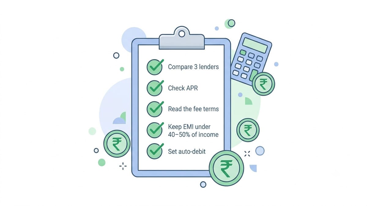 Checklist infographic of smart borrowing steps before taking a personal loan or credit card loan in India