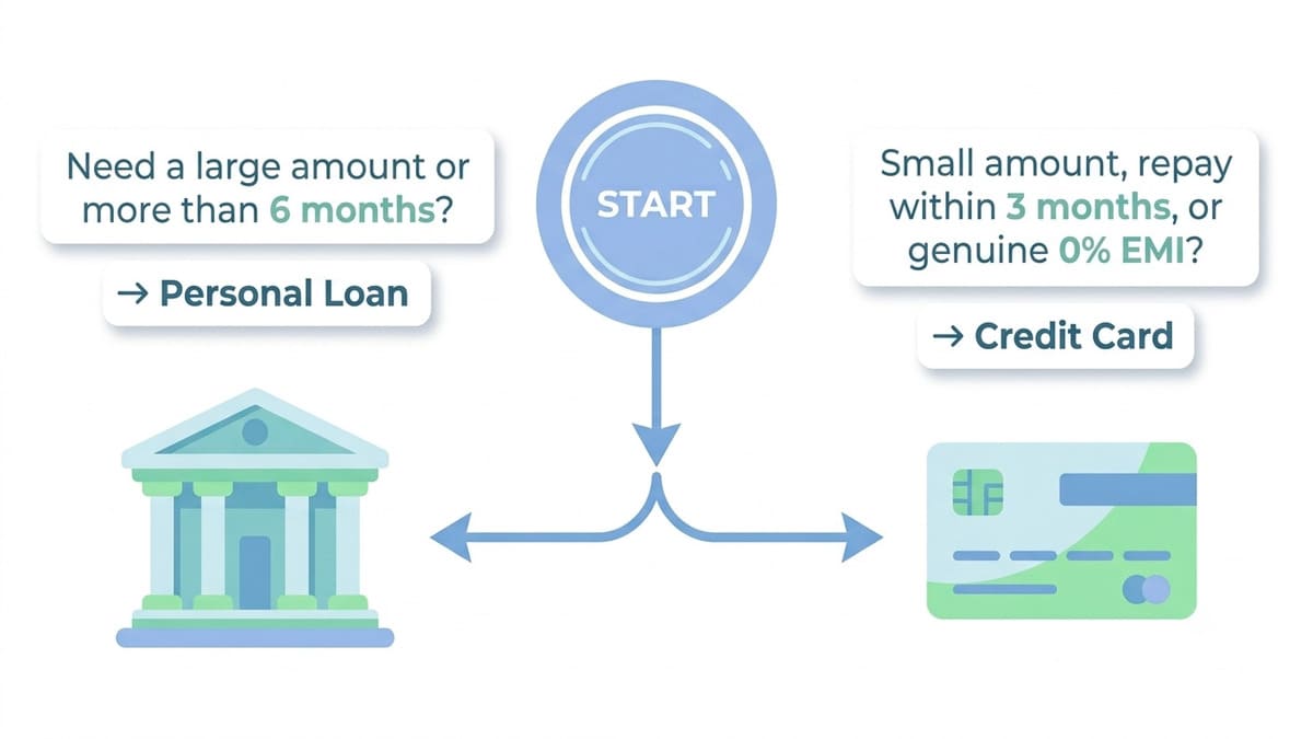 Decision flowchart showing when to choose a personal loan or a credit card loan in India